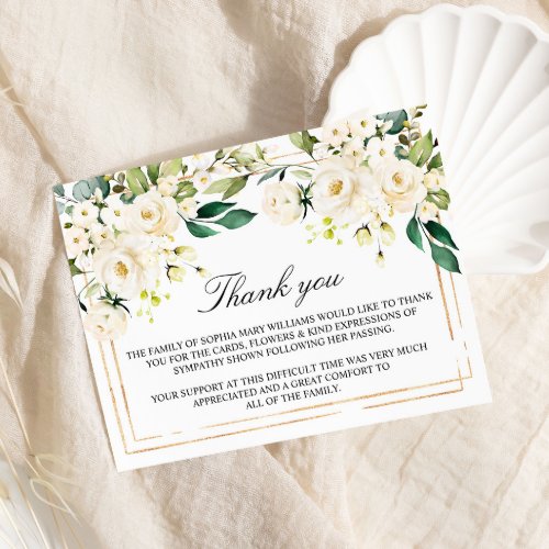 White Flowers  Gold Funeral Thank You Note