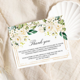 White Flowers & Gold Funeral Thank You Note Card