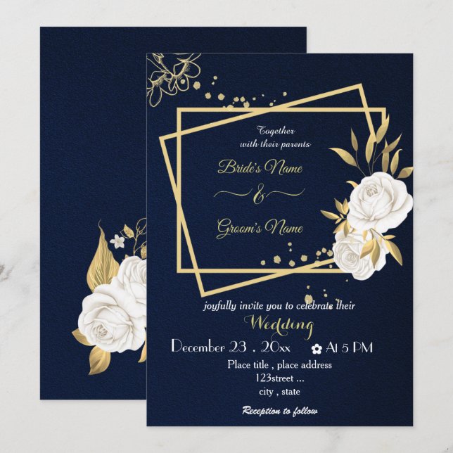 white flowers gold geometric navy wedding  invitation (Front/Back)