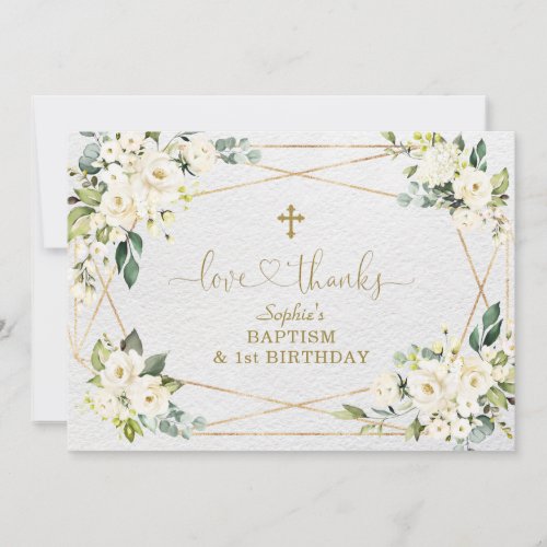 White Flowers Gold Girl 1st Birthday Baptism Thank You Card