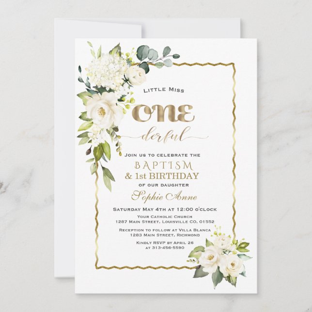 White Flowers Gold Girl First Birthday & Baptism Invitation (Front)