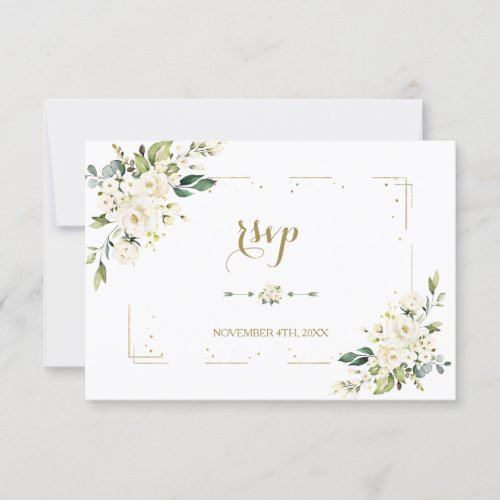 White Flowers Gold Glitter Frame Confetti Wedding RSVP Card