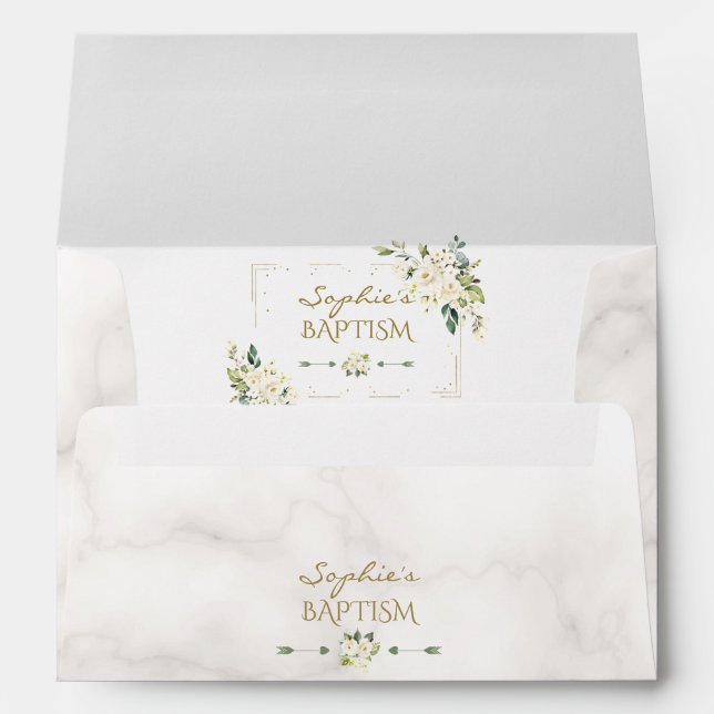 White Flowers Gold Glitter Frame Marble Baptism Envelope (Back (Bottom))