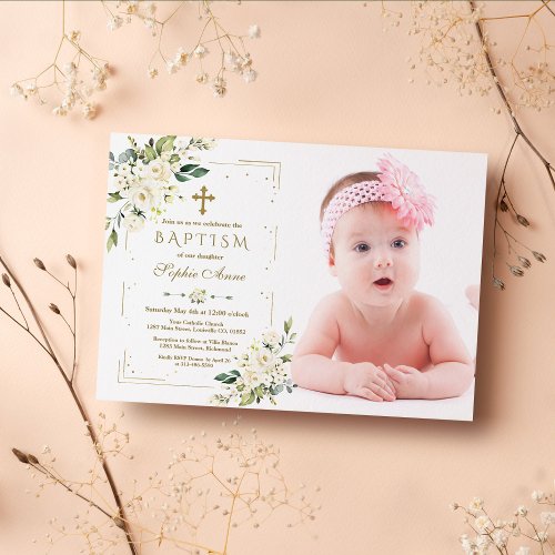 White Flowers Gold Glitter Frame Photo Baptism Invitation