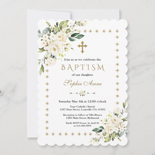 White Flowers Gold Glitter Sparkles Frame Baptism Invitation (Front)