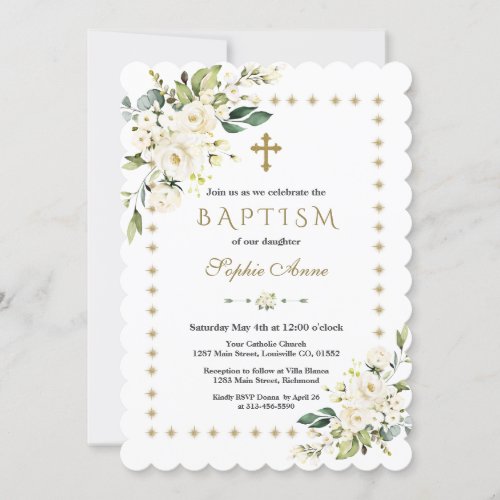 White Flowers Gold Glitter Sparkles Frame Baptism Invitation