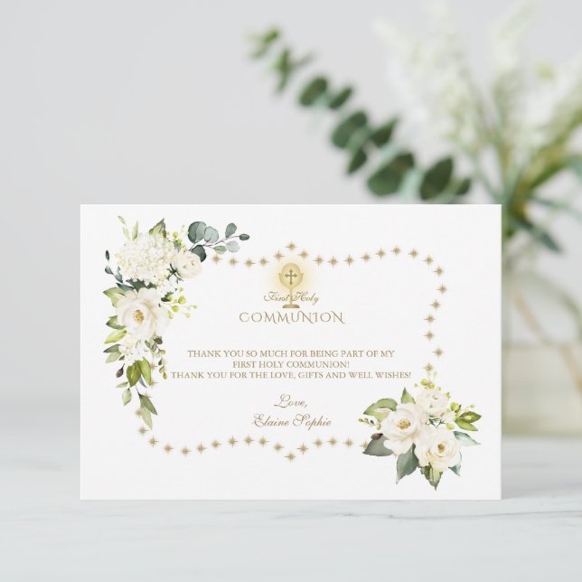 White Flowers Gold Glitter Sparkles Holy Communion Thank You Card (Standing Front)