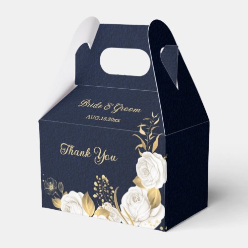 white flowers gold leaves navy blue wedding favor boxes