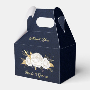 white flowers gold leaves navy blue wedding favor boxes