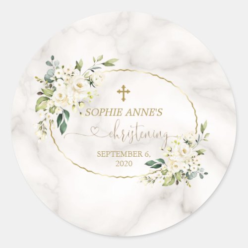 White Flowers Gold Marble Christening Calligraphy Classic Round Sticker