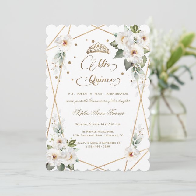 White Flowers Gold Mis Quince Quinceañera  Invitation (Standing Front)