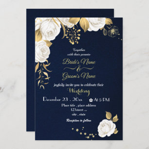 white flowers gold navy wedding  invitation