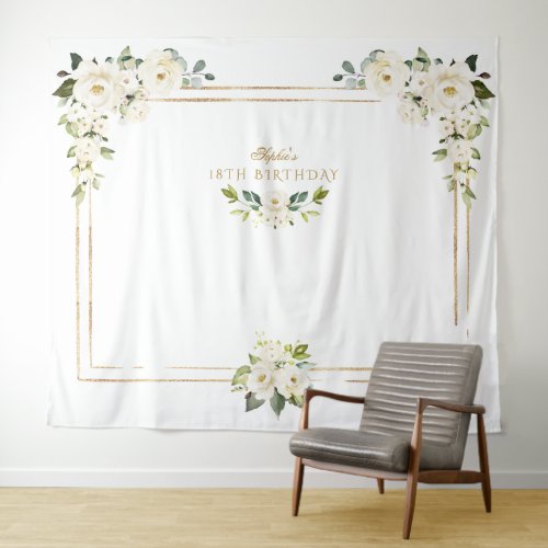 White Flowers Gold Photo Booth 8th Birthday Tapestry