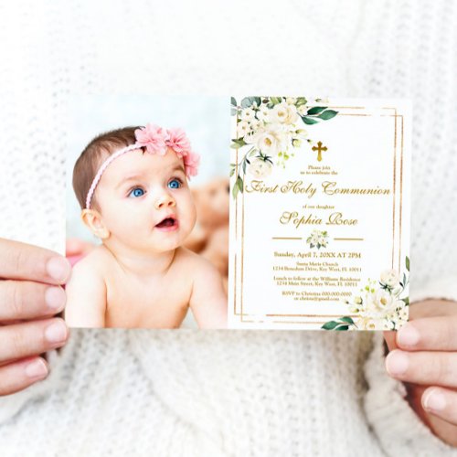 White Flowers  Gold Photo First Holy Communion Invitation