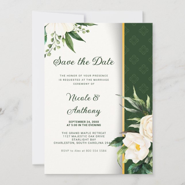 White Flowers Gold Stripe Save-The-Date Invitation (Front)