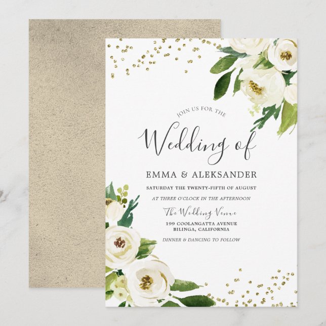 White Flowers Golden Modern Wedding Invitation (Front/Back)