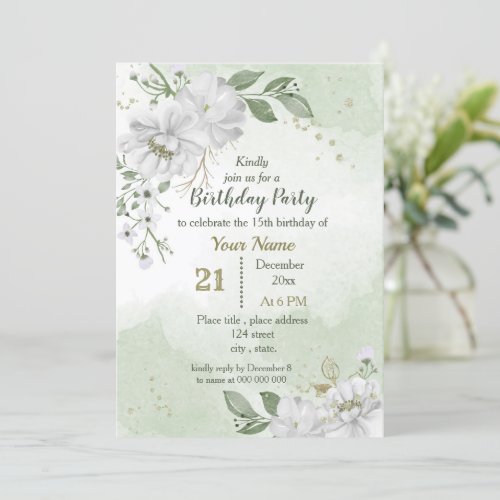 white flowers  green leaves birthday invitation