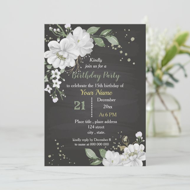 white flowers & green leaves birthday invitation (Standing Front)