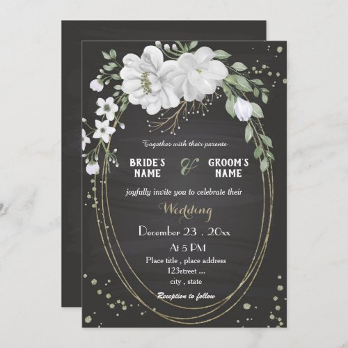 white flowers green leaves black wedding invitation