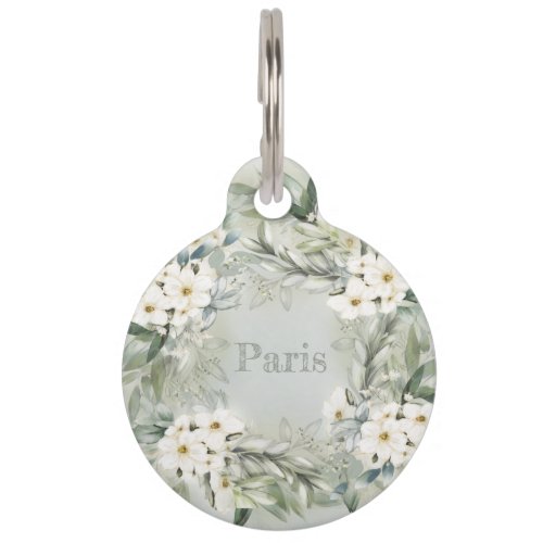 White Flowers Green Leaves Cute  Pet ID Tag