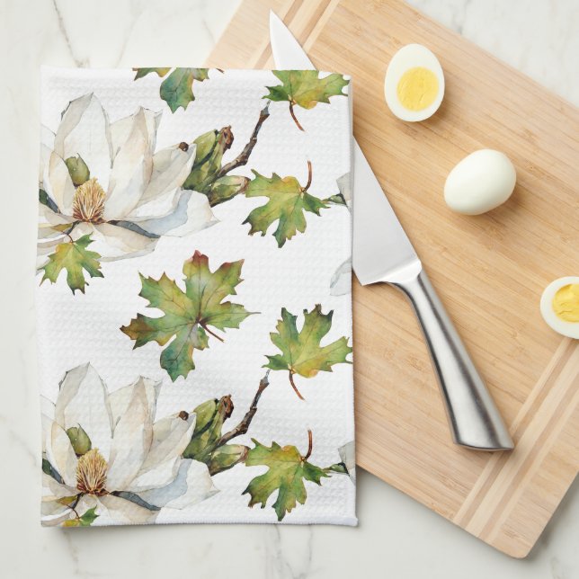 White Flowers Green Leaves Kitchen Towel (Quarter Fold)