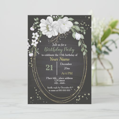 white flowers  green leaves oval birthday invitation