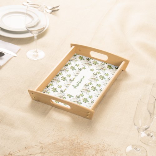 White Flowers Green Leaves Serving Tray