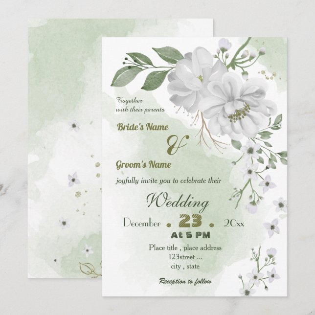 white flowers green leaves wedding invitation (Front/Back)