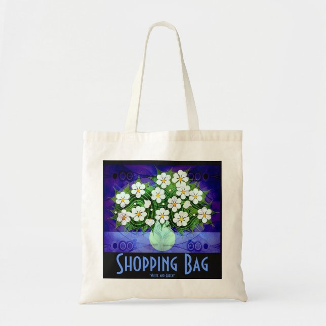 White Flowers, Green Vase Tote Bag (Front)