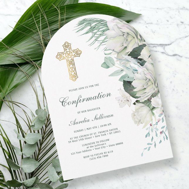 White Flowers Greenery Arch Confirmation Invitation (Creator Uploaded)