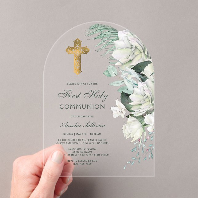 White Flowers Greenery Arch First Communion Acrylic Invitations (Insitu (Handheld))