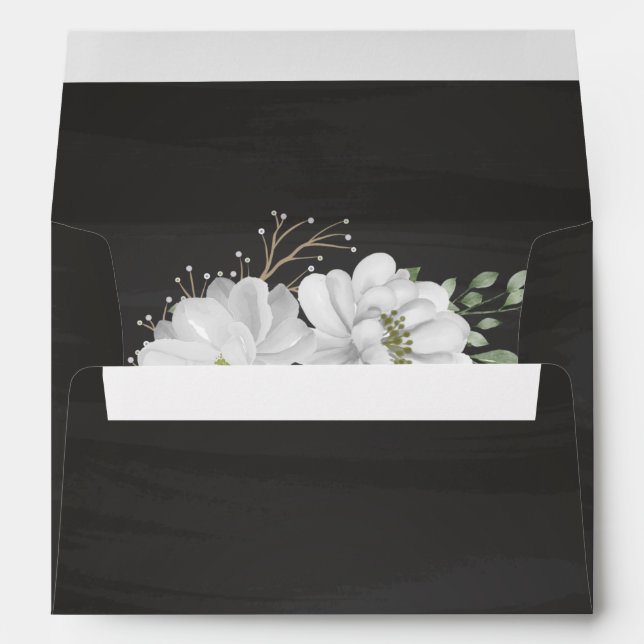 white flowers greenery black wedding envelope (Back (Bottom))