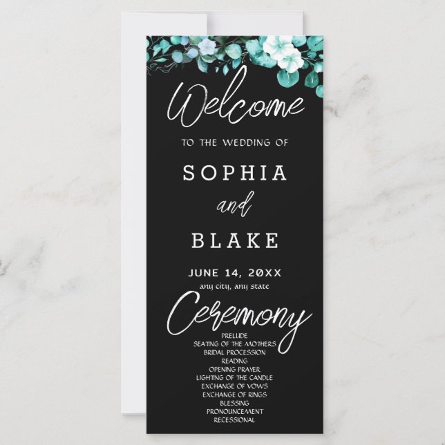 White Flowers Greenery Black Wedding Program (Front)