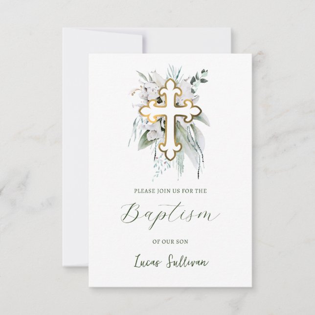 White Flowers Greenery Bouquet Baptism Invitation (Front)