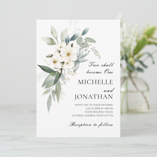 White Flowers Greenery Christian Bible Wedding Invitation (Standing Front)