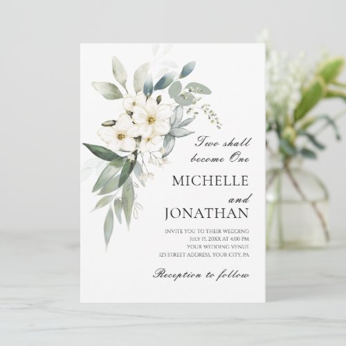White Flowers Greenery Christian Bible Wedding Invitation