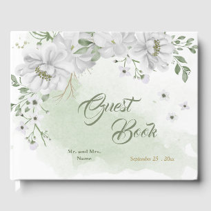 white flowers greenery gold guest book