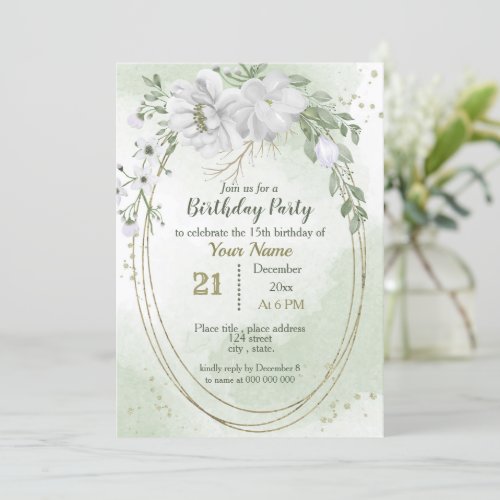 white flowers greenery gold oval birthday invitation