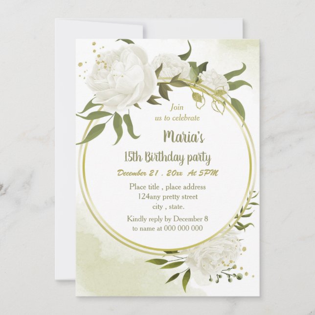 white flowers greenery gold wreath birthday party invitation (Front)