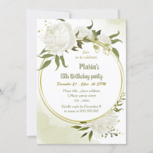 white flowers greenery gold wreath birthday party invitation