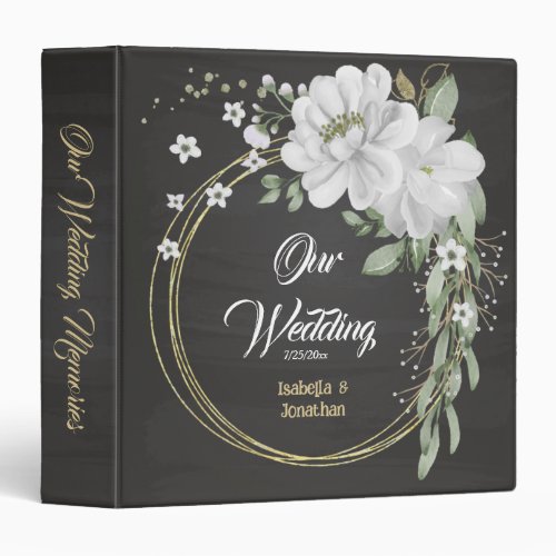 white flowers greenery gold wreath black album 3 ring binder