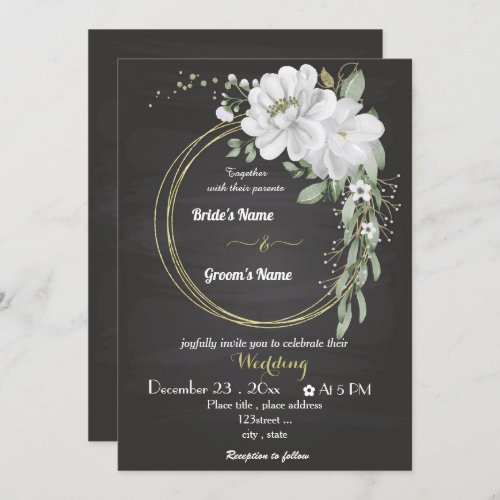 white flowers greenery gold wreath black wedding invitation