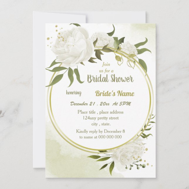 white flowers greenery gold wreath bridal shower invitation (Front)