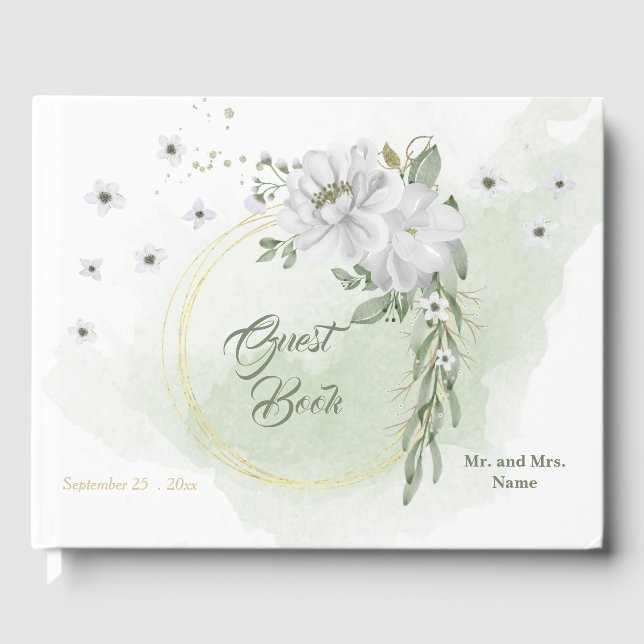 white flowers greenery gold wreath  guest book (Front)