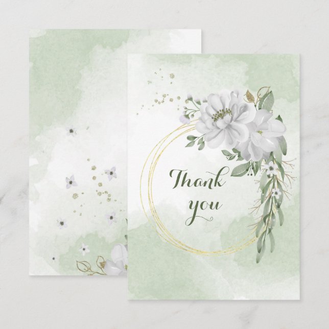 white flowers greenery gold wreath thank you card (Front/Back)