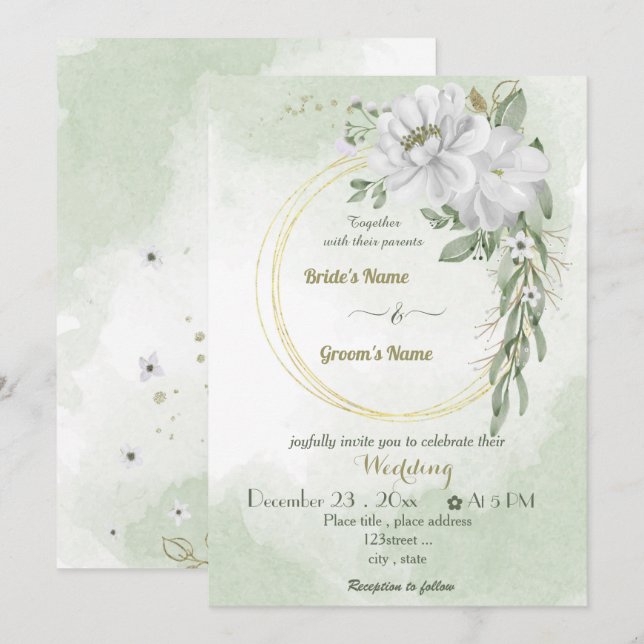 white flowers greenery gold wreath wedding invitation (Front/Back)