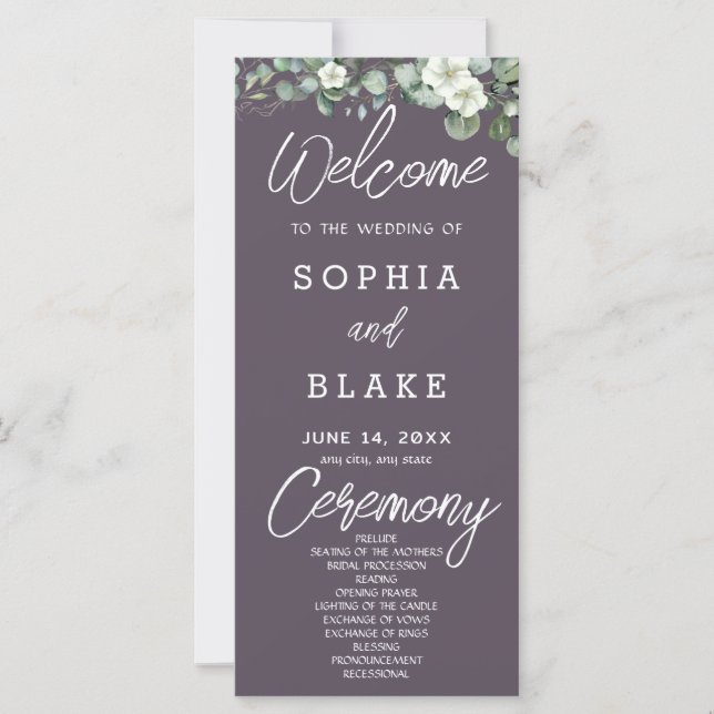 White Flowers Greenery Gray Wedding Program (Front)
