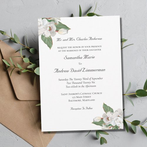 White Flowers Greenery Magnolia Wedding Invitation