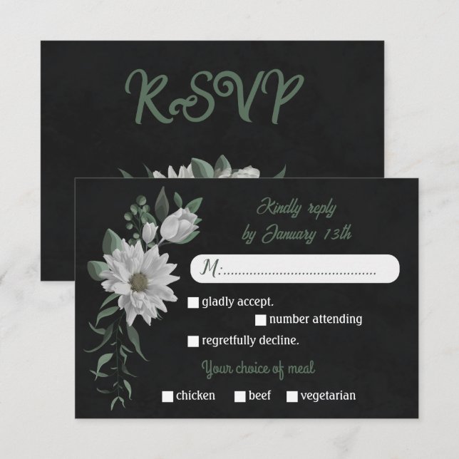  white flowers greenery meal choice black RSVP card (Front/Back)