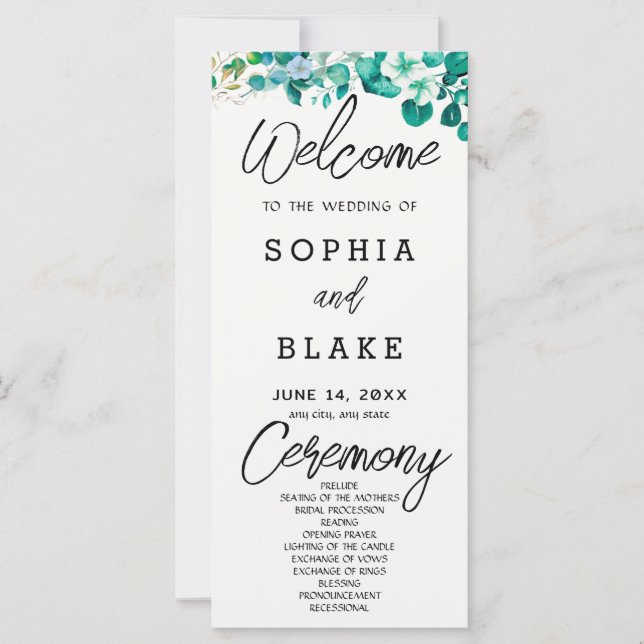 White Flowers Greenery Off White Wedding Program (Front)